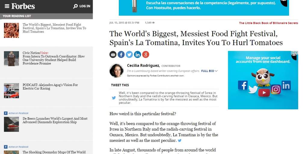 Artículo de la revista Forbes sobre la Tomatina